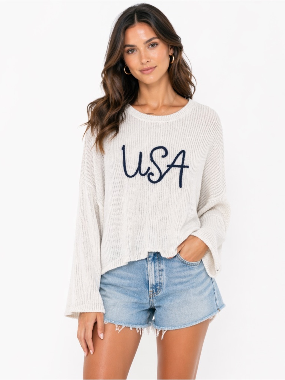 NWT Mi Ami Francesca's Size Large Light Blue USA Knit Long Sleeve Sweater